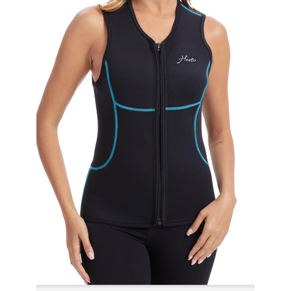 Hevto Womens 3mm Neoprene Wetsuit Vest Black Teal Front Zip Sleeveless Top NEW